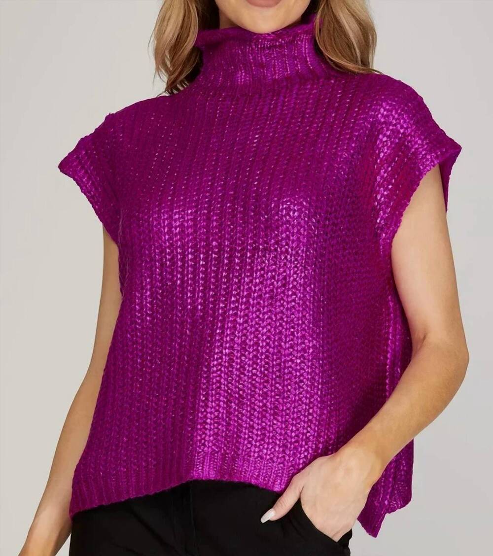 NEW SHE + SKY metallic foil sweater top in fuchsia
